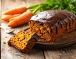© Luan Garute - Brazilian carrot cake with chocolate glaze sliced on rustic table / Bolo de cenoura brasileiro com cobertura de chocolate