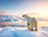 Polar bear standing alert on ice floe at arctic sunset