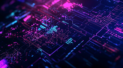Futuristic technology circuit board abstract background with neon glow effects