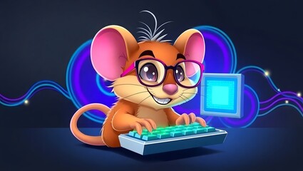 A cartoon mouse with glasses is typing on a keyboard, with a glowing screen and blue swirls in the background, creating a fun and techsavvy atmosphere for the viewer