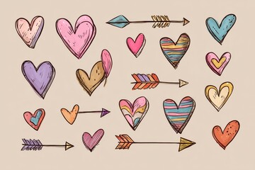 vector illustration set of hearts and arrow, cute kid doodle style