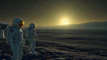 Two astronauts stand on a desolate, extraterrestrial landscape under a bright, full moon, with a solar panel array nearby, evoking a sense of exploration