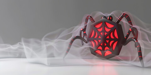 Mysterious spider with glowing red web pattern emerging from smoke