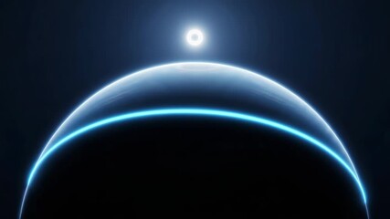 A distant star shines brightly above the curved horizon of a dark planet, casting a luminous blue glow around its edge in this stunning space vista