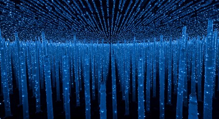 Enchanting Blue Digital Forest of Light Streams, Evoking a Sense of Wonder and Futuristic Technology