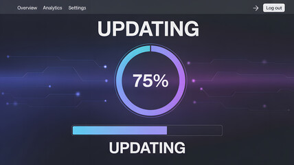Progressing digital update 75% complete on futuristic interface with data streams