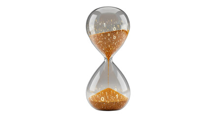 Digital hourglass with binary code sand flowing, representing data, technology evolution, and critical deadlines. Ideal for AI, cyber security, software development, and future tech concepts,