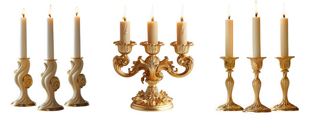 Assortment of antique golden candelabras and candlesticks with lit candles, isolated on transparent background