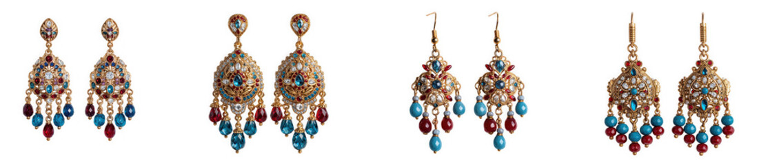 A pair of ornate gold chandelier earrings with colorful gemstone drops, isolated on transparent background