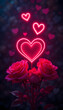 © MST - Romantic Neon Hearts and Roses in a Dark Setting.A captivating image showcasing a bouquet of vibrant pink roses illuminated by a glowing neon heart shape.