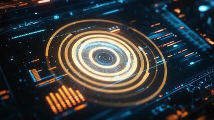 Wall Mural - Futuristic glowing orange and blue head up display with charts and graphs is processing data