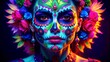 ©  SABBIR  - Vibrant sugar skull face paint with flowers for day of the dead