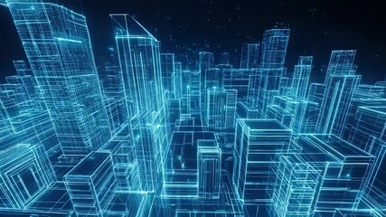 Wall Mural - futuristic wireframe cityscape glowing at night with digital data flow