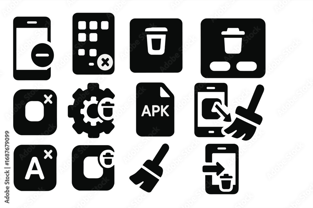 Mobile App Uninstallation Icons. Solid style icons of mobile app ...