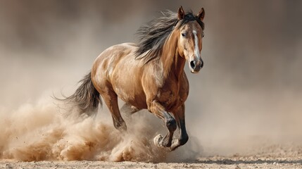 Naklejka na meble Majestic horse galloping through dust in a natural landscape during golden hour