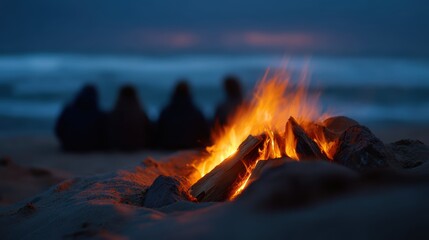Wall Mural - friends having beach bonfire at dusk, waves in background, cozy gathering, warm glowing light
