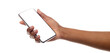 © Prostock-studio - Black female hand holding smartphone with blank screen isolated on white background. Panorama with empty space