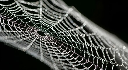 Close-up of a shimmering spider web adorned with glistening water droplets, set against a dark backdrop.