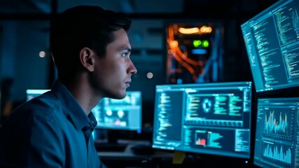 Young programmer immersed in coding, surrounded by monitors displaying complex data