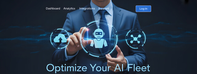 AI Fleet Optimization: A businessman in a sharp suit interacting with futuristic digital interface.  The interface showcases AI-driven symbols.