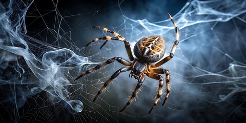 Detailed Spider on Web Surrounded by Wispy Smoke and Dewdrops arachnid insect