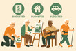 © VideoHub - Retirees' Budgeted Hobbies. Vector art of retirees enjoying hobbies with expense icons labeled “budgeted,” reflecting smart