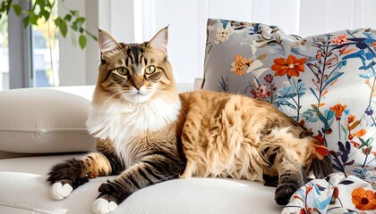 Naklejka na meble A cat resting on a white couch, with decorative cushions
