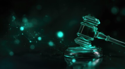 Bright digital gavel sits on a reflective dark surface, surrounded by glowing network connections and abstract data streams, representing cyber law.