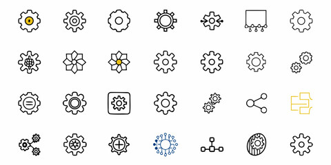Collection of various gear icons and network connection icons in a grid arrangement on a white background