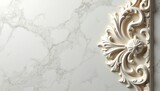 Ornate plaster molding with intricate floral carving rests on white marble background. Elegant design features vintage baroque rococo style, perfect for luxury interiors, invitations, decorative