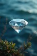 © miss irine - Floating lab grown diamond features brilliant facets, clarity. Set against blurred ocean backdrop with blue hues, synthetic gem represents ethical luxury, modern affordability. Selective focus