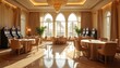 Luxurious casino presidential suite in Las Vegas hotel, featuring elegant interior design, slot machines, comfortable seating areas. Expansive windows offer views of palm trees, city lights, creating