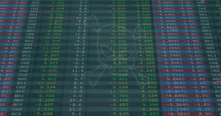 Wall Mural - Displaying digital financial data table filling screen at trading desk, with overlaid trend graph