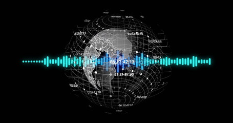Wall Mural - displaying 3d wireframe globe with grid lines and numeric labels on dashboard, with audio waveform