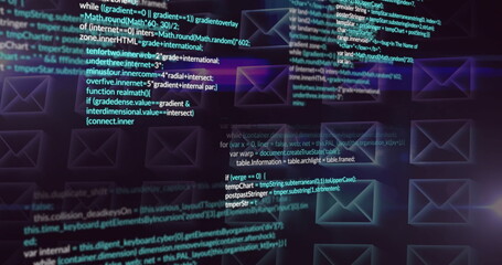 Wall Mural - displaying translucent code windows with code text on ui, featuring envelope icons and neon shapes