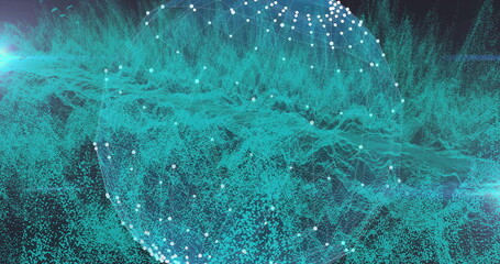 Wall Mural - Displaying semi-transparent spherical mesh in virtual space, with white nodes and cyan flares