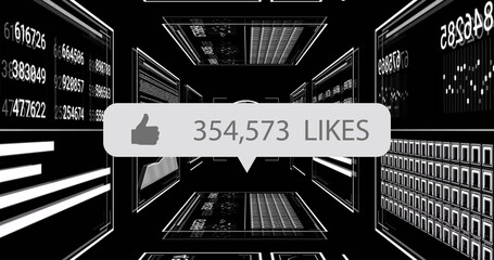 Wall Mural - floating thumbs-up bubble showing 354,573 likes in virtual data tunnel, with numeric data screens