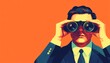 © Studicon - A stylized illustration depicts a man in a suit using binoculars, set against a vibrant orange background.