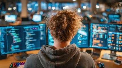 Focused coder deeply engrossed in complex programming on multiple screens in a modern tech office environment