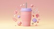 © si9nzation - Pastel pink and purple reusable cup with straw surrounded by macarons leaves and flowers for a trendy aesthetic beverage presentation