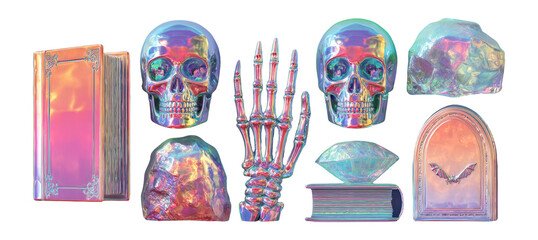 Iridescent Skull and Crystal Objects with Artistic Style on Transparent Background