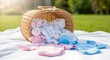 © VikkyadaFon - Picnic basket filled with baby clothes and toys stuffed rabbit on green grass in the afternoon sun gender shower