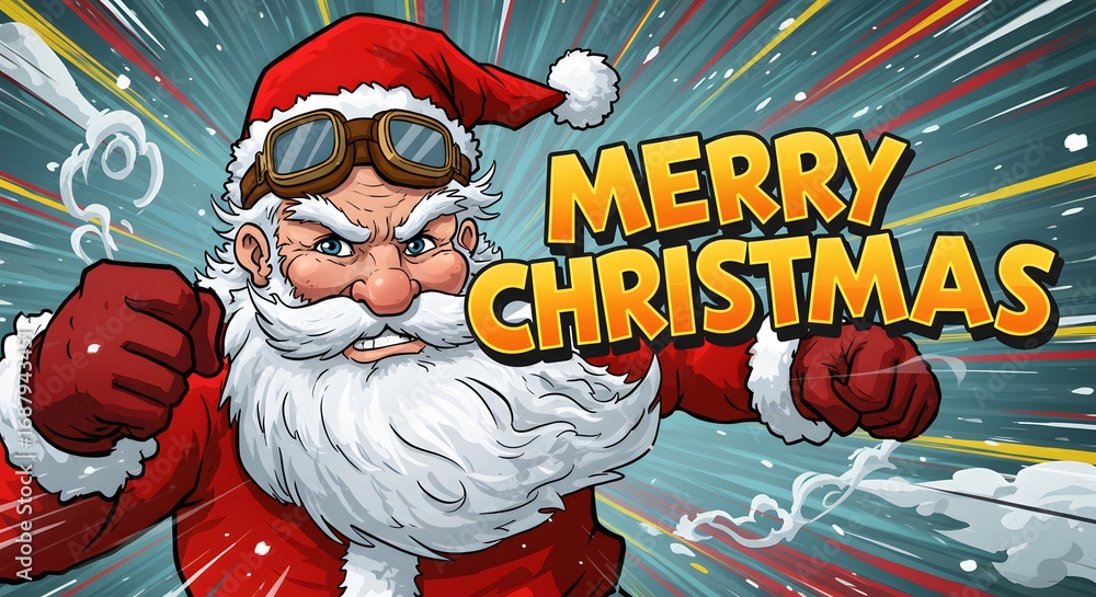 Santa Rased Cartoon santa claus with goggles and fist raised saying merry christmas ...