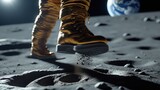 Golden boot stepping on lunar surface with earth visible in the background in space exploration scene