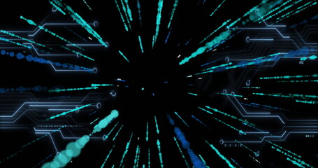 Wall Mural - Radiating blue data trails from central void in digital space, with glowing nodes and circuit lines