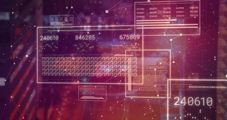 Wall Mural - hovering numeric data panel on clear display, with grid, code panels, charts and network graph