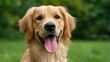 © 69 - Happy golden retriever sitting on green grass with playful expression and tongue out in a sunny outdoor environment showcased on a blurred nature background