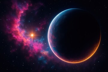 Wall Mural - Dramatic panorama of colorful nebulae planets and starfields with rich cosmic dust and radiant light evoking awe of deep space exploration and scientific discovery