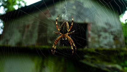 Spider in intricate web against old building