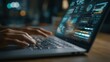 © Rasyid - Close Up of Hands Typing on a Sleek Laptop with Glowing Holographic Data Panels on the Screen in a Dim Workspace
